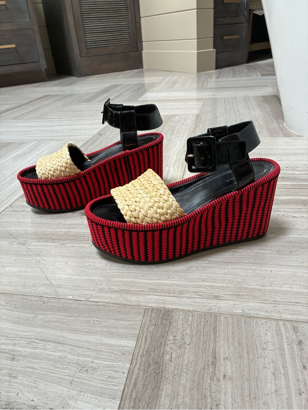 Celine Red & Black Platform Sandals • Grosgrain with Raffia